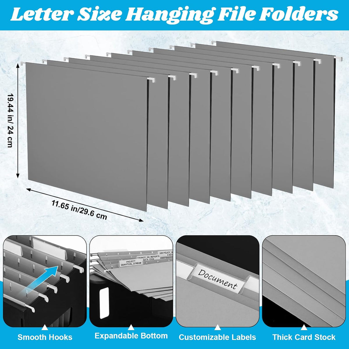 Qeeenar 2 Pcs Hanging File Box with 10 Pcs Gray Hanging File Folders