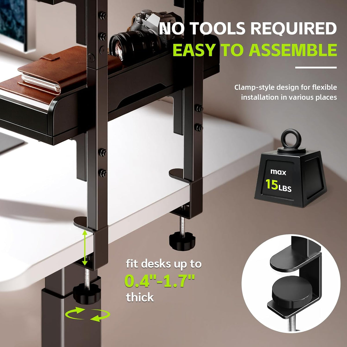 3-Tier Clamp on Wood Desktop Shelf, Adjustable Height Office Desk Organizer