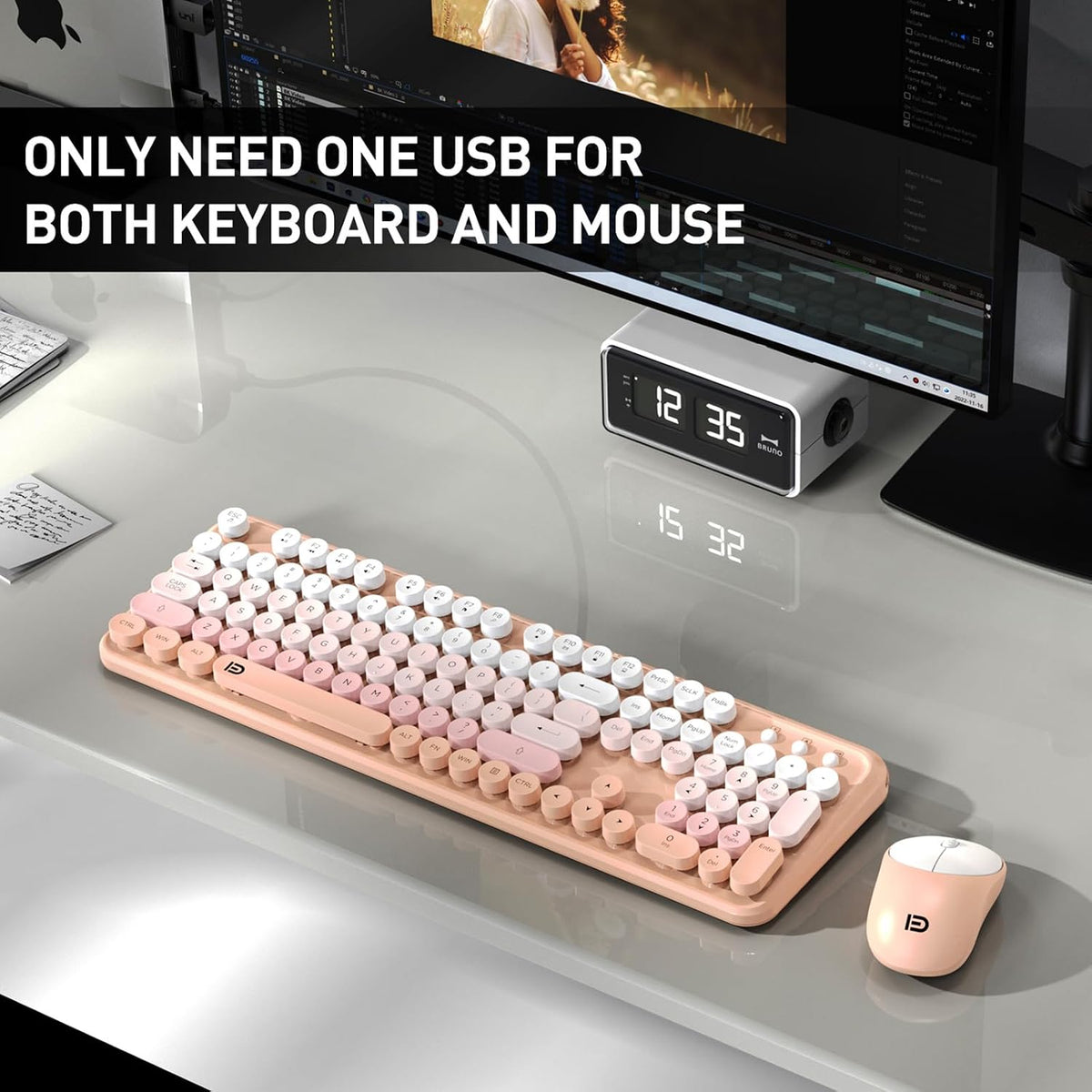 Wireless Keyboard and Mouse Combo,Cute Round Keys,for Long Nail,Orange Pink