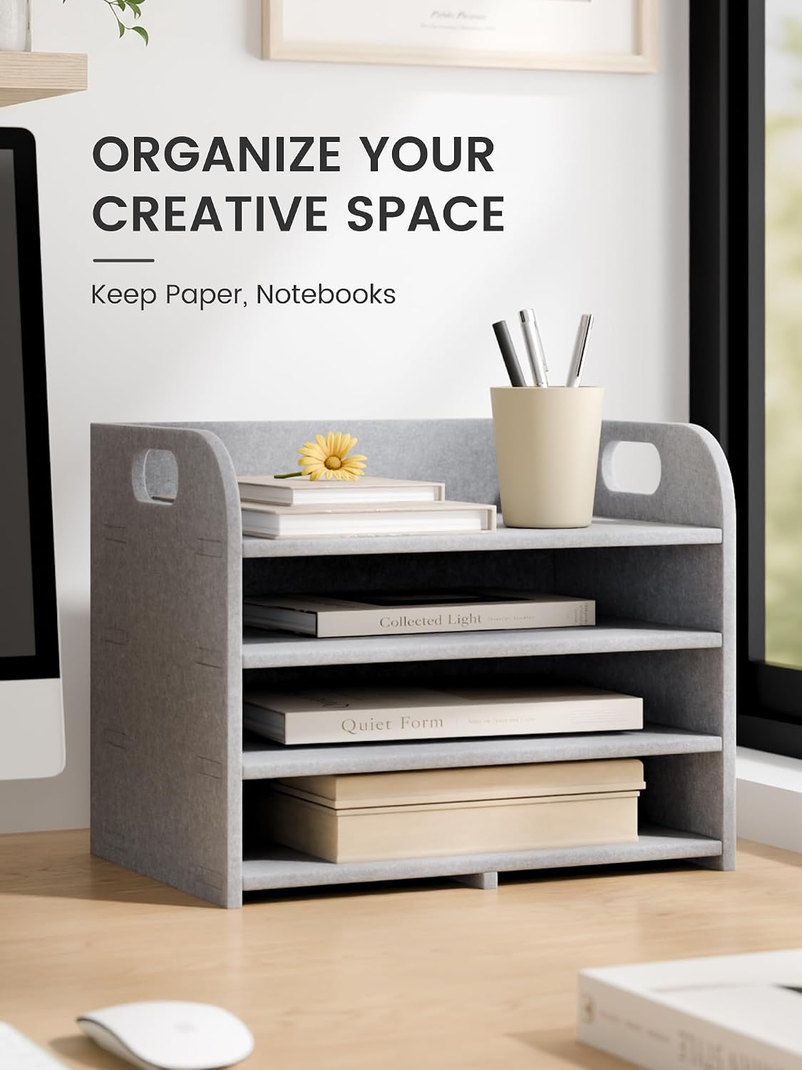 Fluxynara 4-Tier Felt File Organizer with Carry Handles, Soft Gray