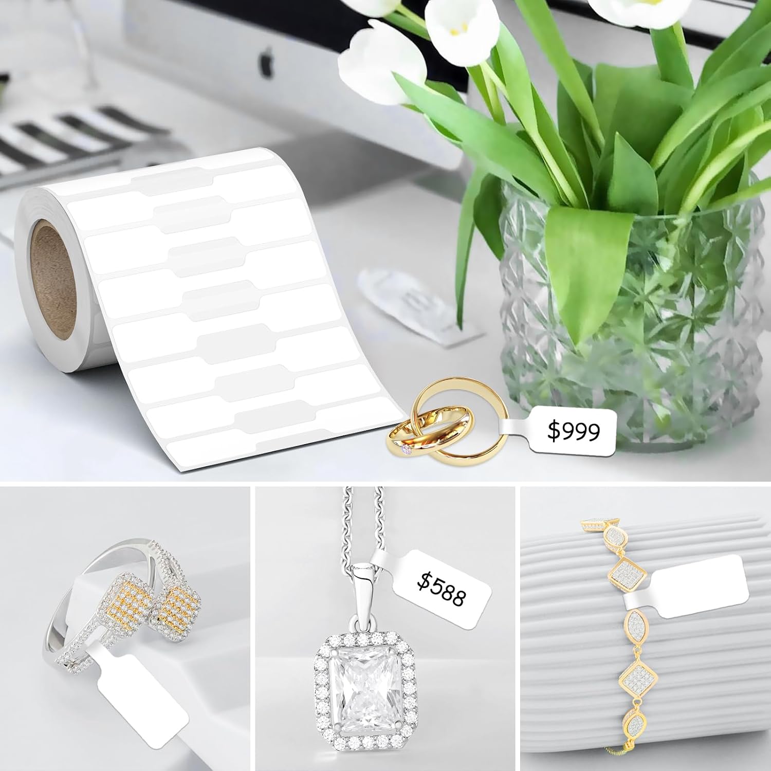 500Pcs Jewelry Price Tags Stickers Roll for Necklace Ring Display Labels, Rectangular Self Adhesive Indentification Tags, AveneMark Pricemarker Labels Accessories Display Paper (500Pcs Price Tag)