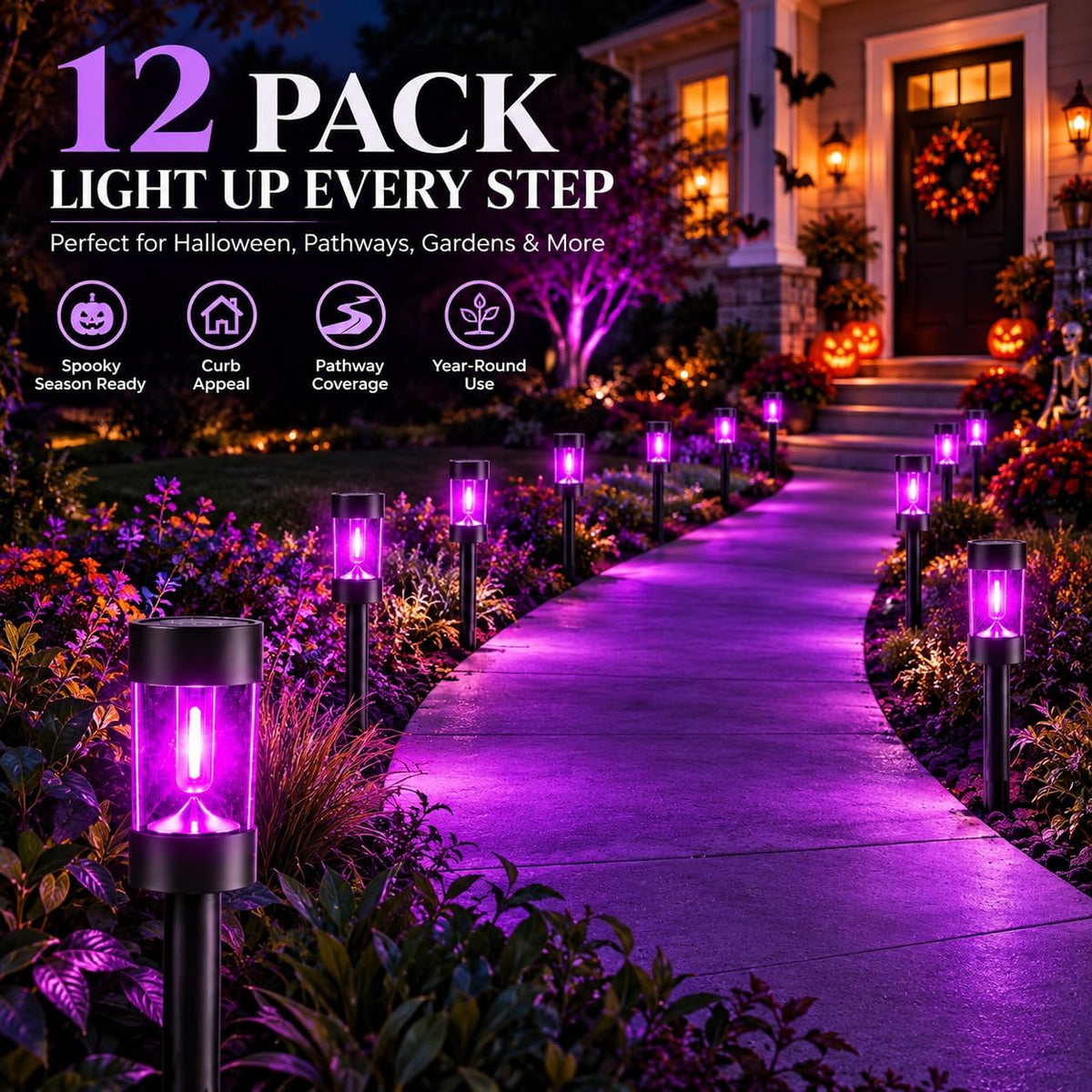 Purple Halloween Solar Pathway Lights, 12 Pack Outdoor Garden Yard Decor
