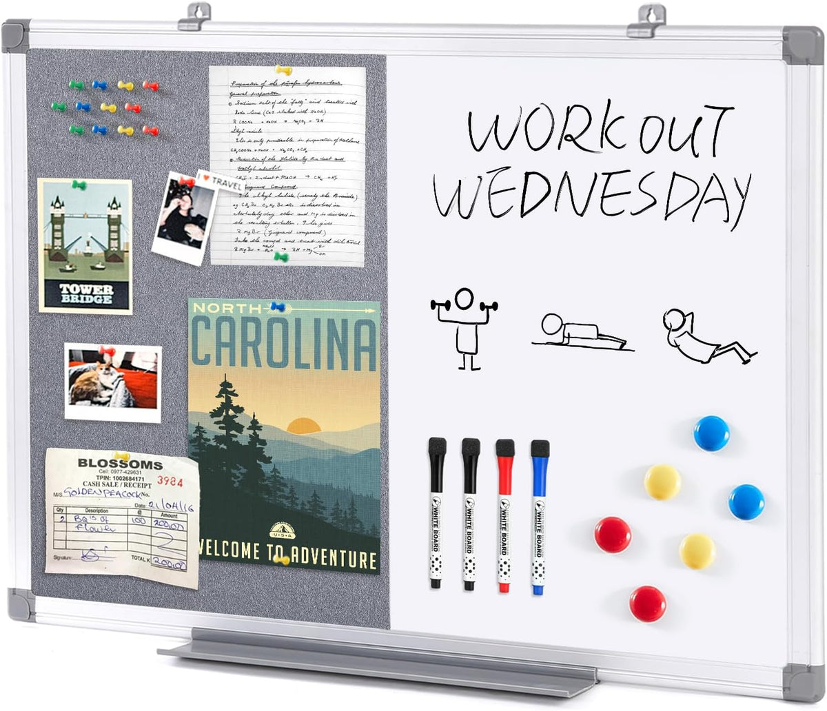 SWANCROWN Bulletin Board White Board Combo, 24 x 18 in, Aluminum Frame