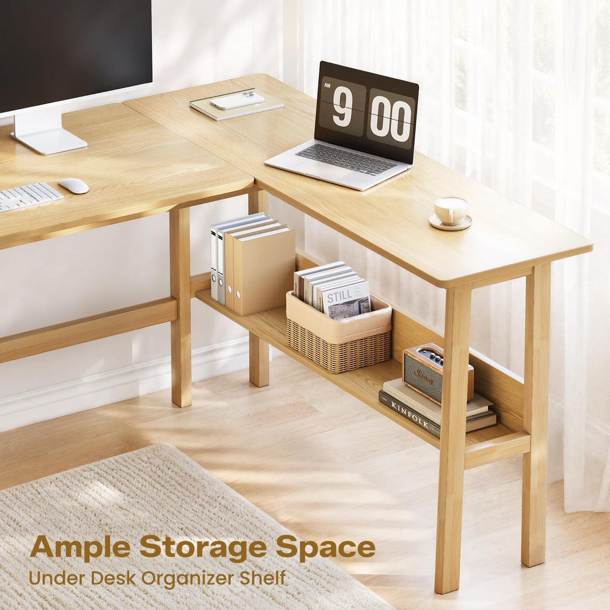 NELYE 63" Reversible L Shaped Desk with Shelf for Home Office, Oak