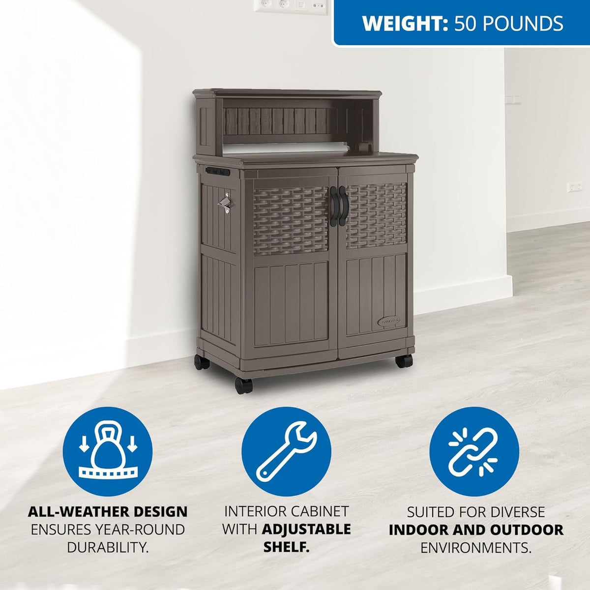 Suncast Patio Plastic Storage and Prep Station with Decorative Wicker Pattern...