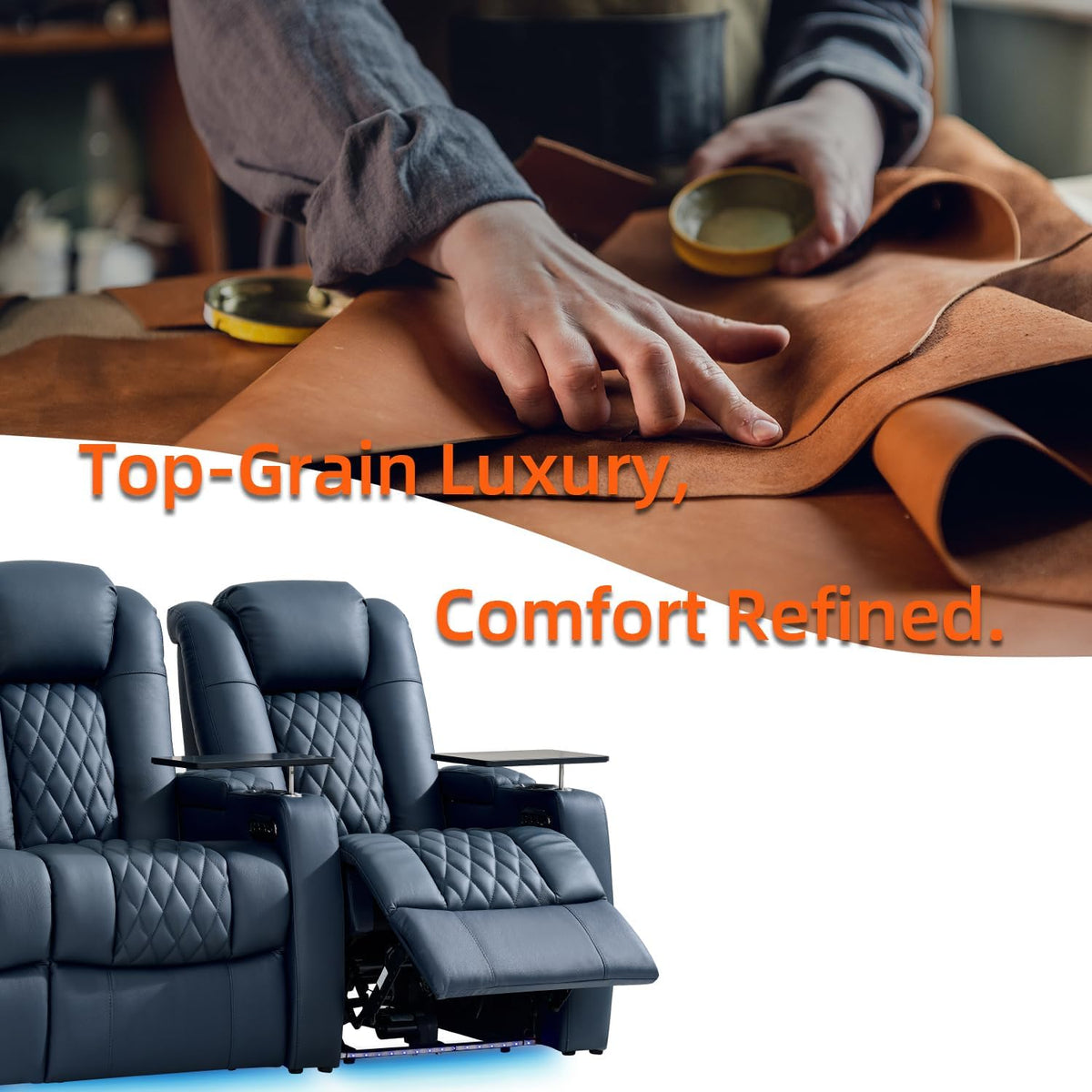 comfiroom Top-Grain Leather Home Theater Seating, Dual-Motor Power Recliner