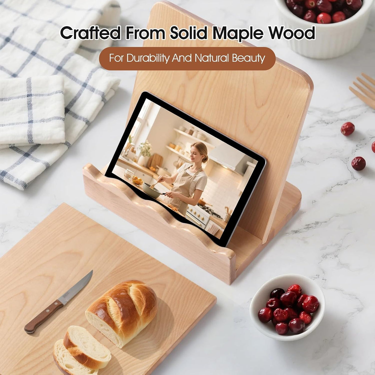 Scalloped Wooden Cookbook Stand with Removable Cutting Board for Kitchen