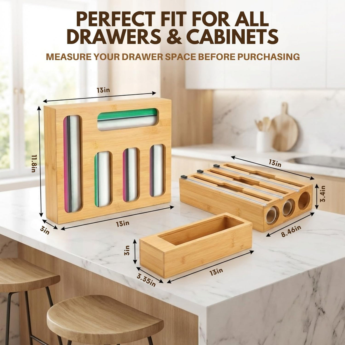 9 in 1 Bamboo Kitchen Drawer Organizer for Storage Bags, Foil & Plastic W...