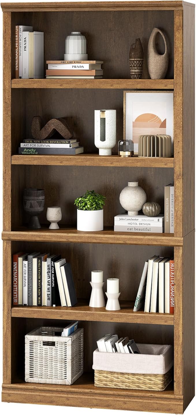 blini 5-Shelf Tall Bookcase Wooden Bookshelves 33in Wide Floor Standing Display - Image 5