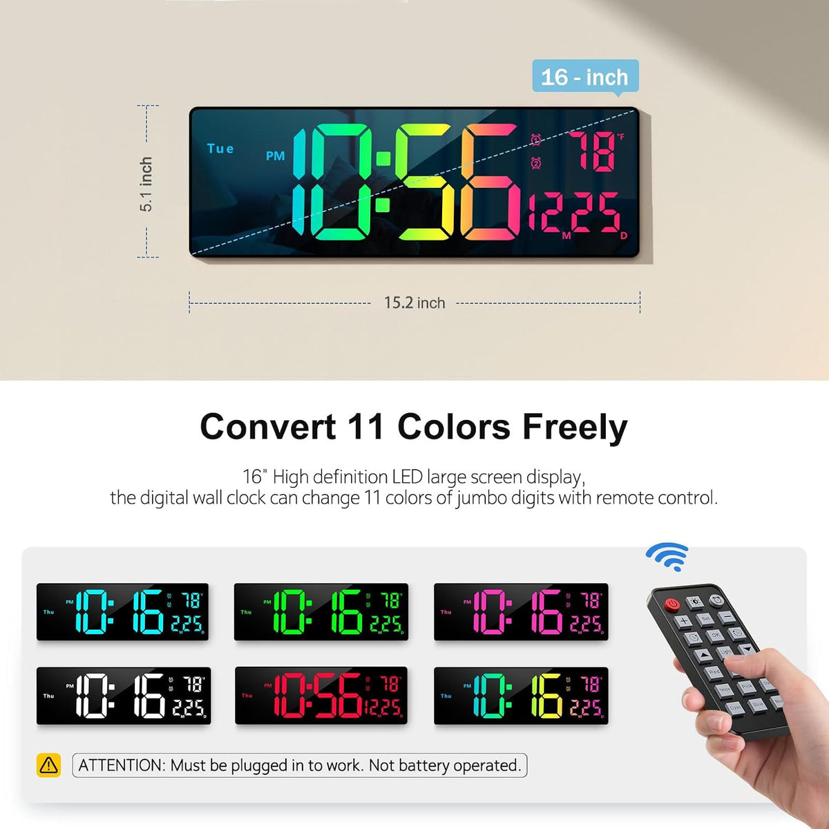 digital wall clock large display 16", digital clock shown in use