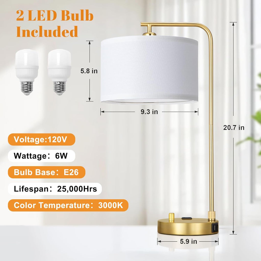 gold bedside lamps set of 2, fully dimmable, side view