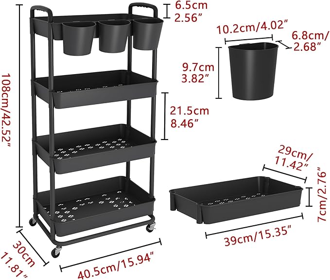 JIUYOTREE 4-Tier Plastic Rolling Storage Cart Utility Cart - Image 2