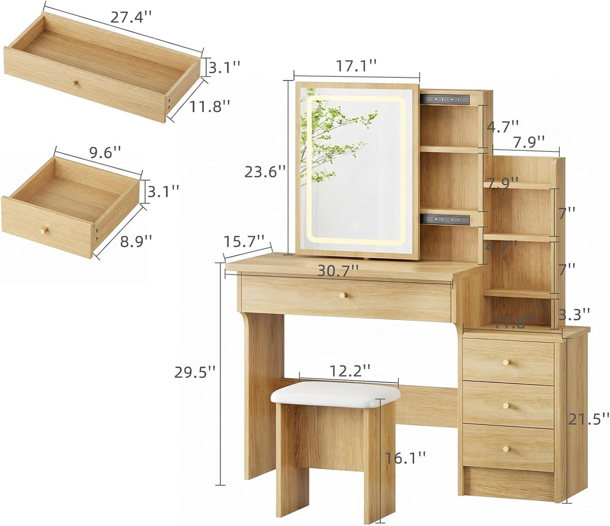 Memobarco Wood Makeup Vanity Desk with Sliding Mirror & 4 Drawers