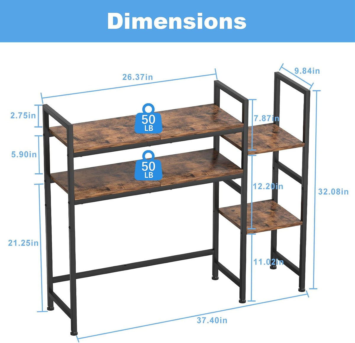 Desktop Bookshelf, 37.4" W Desk Hutch Dorm, for Home Office