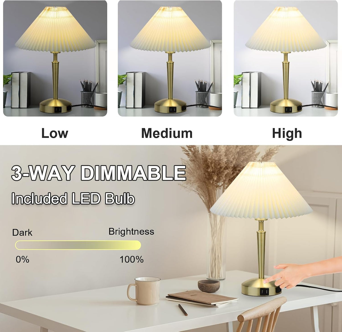 LALISU Touch Bedside Table Lamp, Fabric Shade Small Table Lamp, Gold