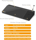 selead desktop glass whiteboard with wireless charger and showing dimensions