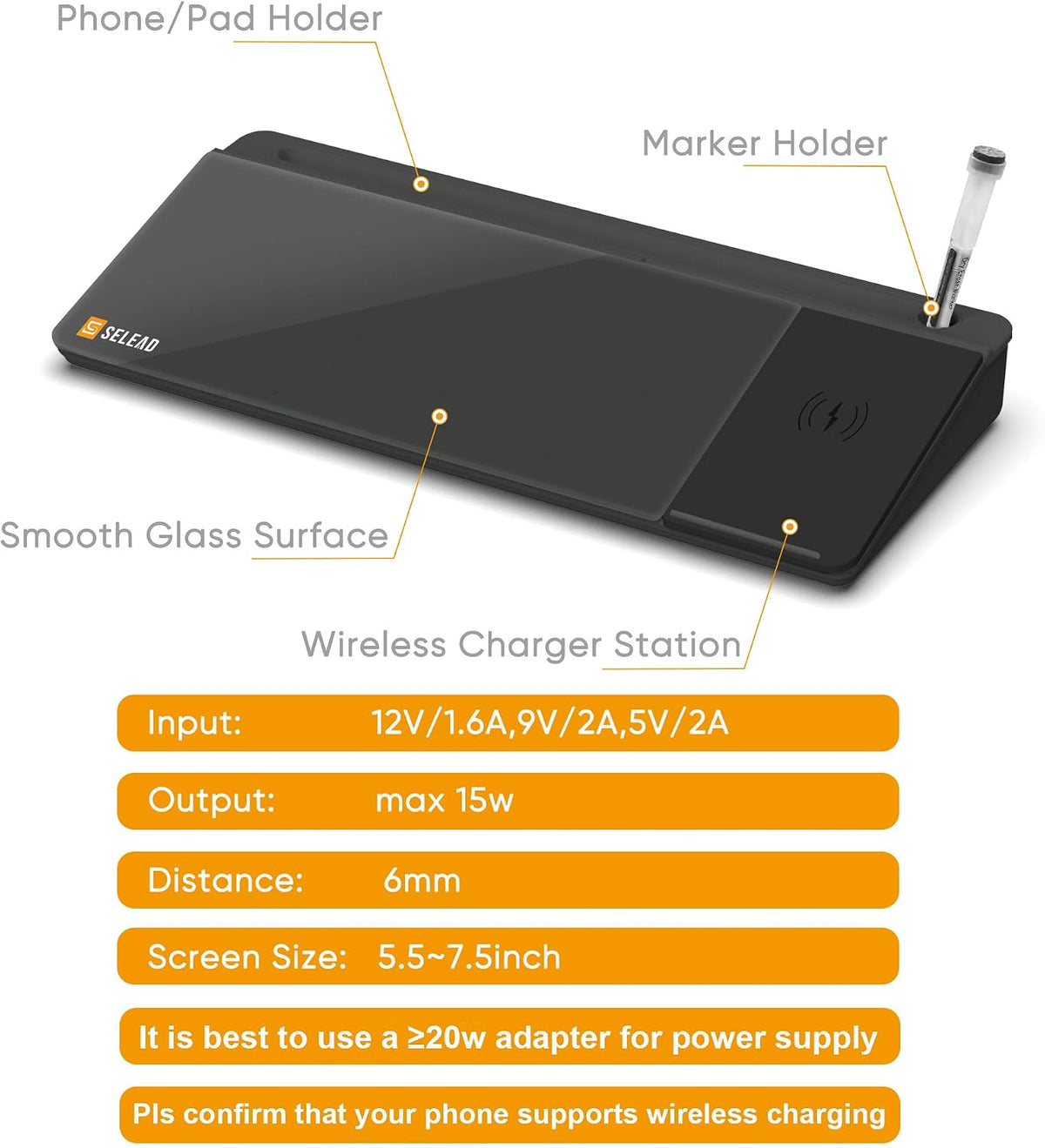 SELEAD Desktop Glass Whiteboard with Wireless Charger and Storage, Black