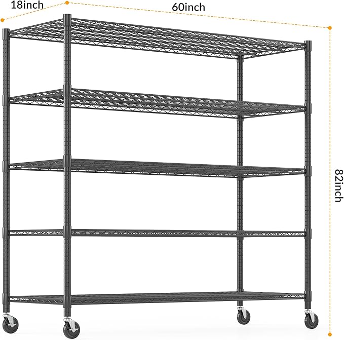 Himimi Storage Shelves with Wheels, 5-Tier Heavy Duty Steel Wire Rack Storage - Image 3