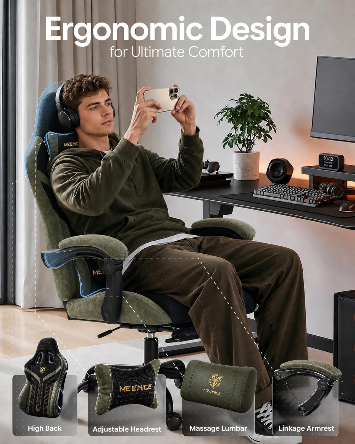 Ergonomic Gaming Chair with Footrest for Adults, Leather Mesh