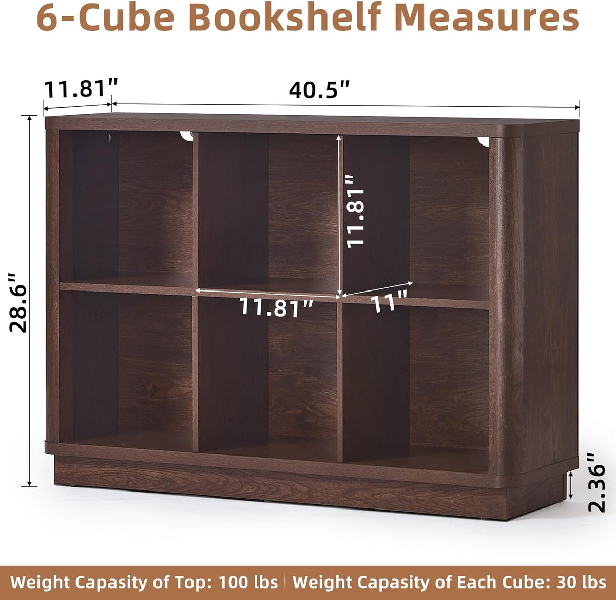 Joaxswe 6 Cube Bookcase, 40" Wide Low Horizontal Book Shelf w/Curved Edg...