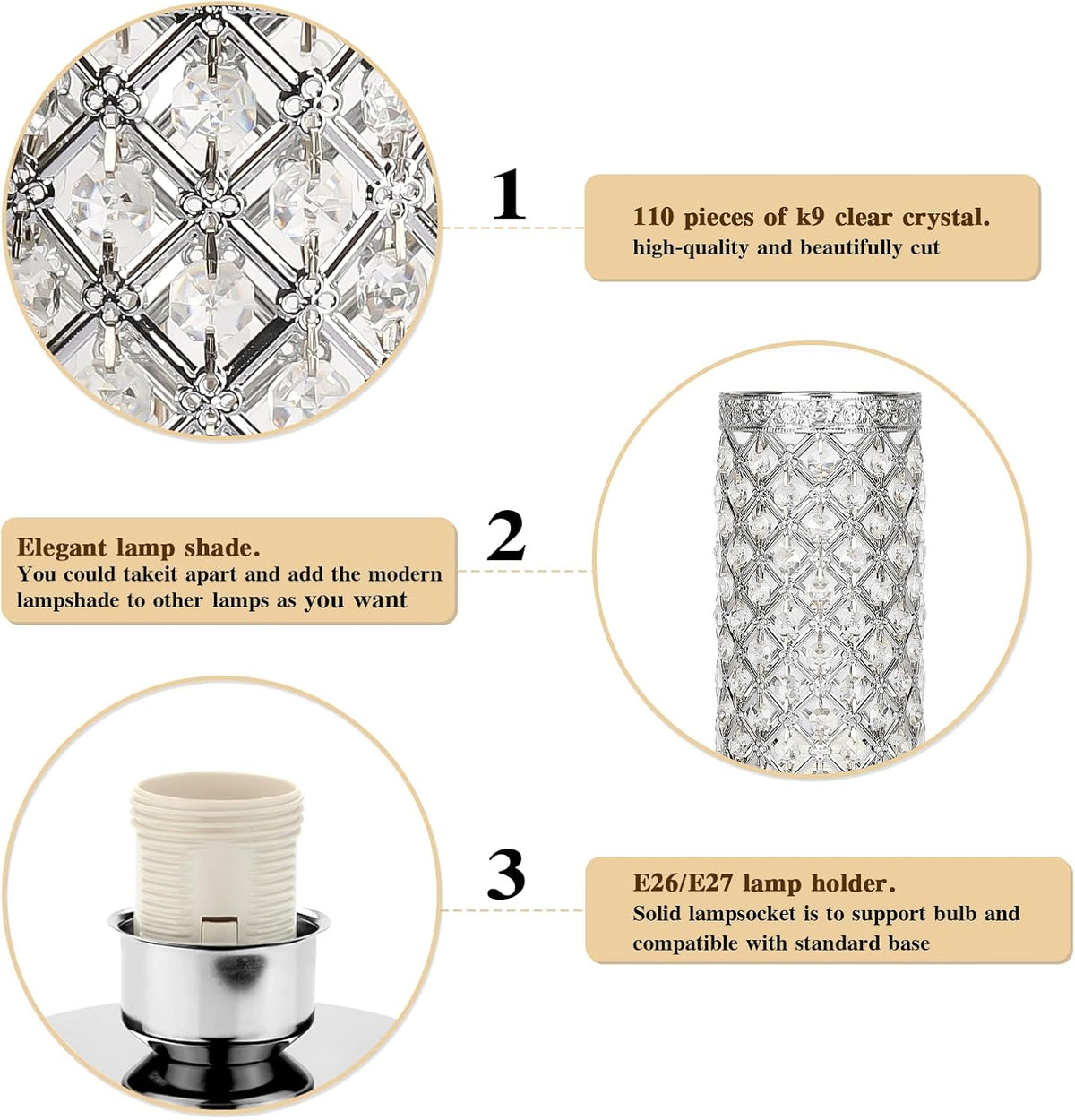 Crystal Table Lamp, 3 Way Touch Control Dimmable Bedside Nightstand Lamp