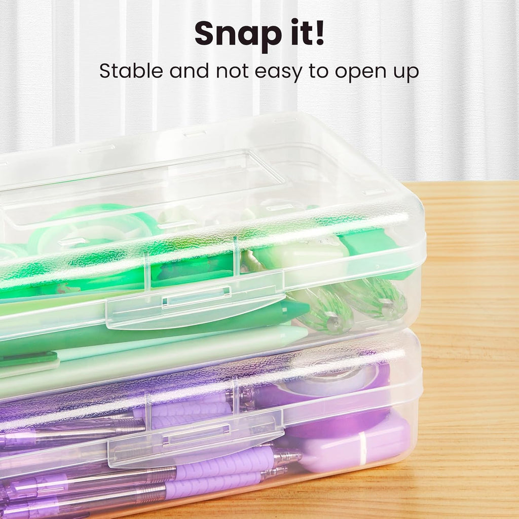 Sooez Plastic Pencil Case Box 6 Pack, Large Craft Storage Boxes Bulk | Plastic Containers with Snap-tight Lids, Art School Supply 0rganizer, Marker Bead Pen Bins Organizer, Stackable, Multicolor