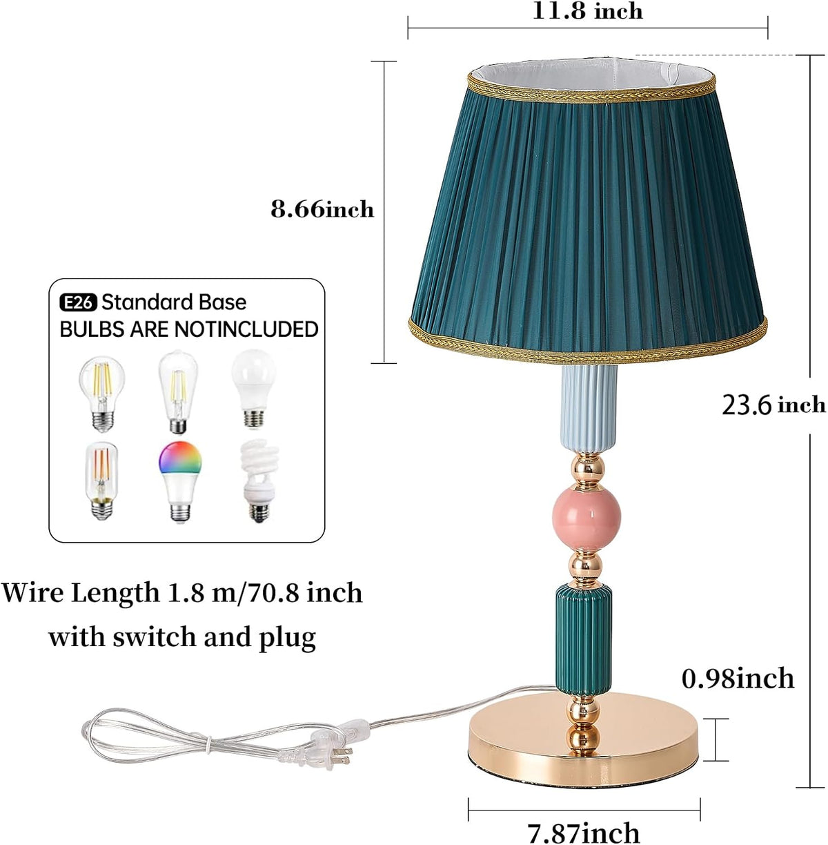 Green Fabric Shade Table Lamp Modern Metal Desk Lamp with Plug Cord Switch fo...