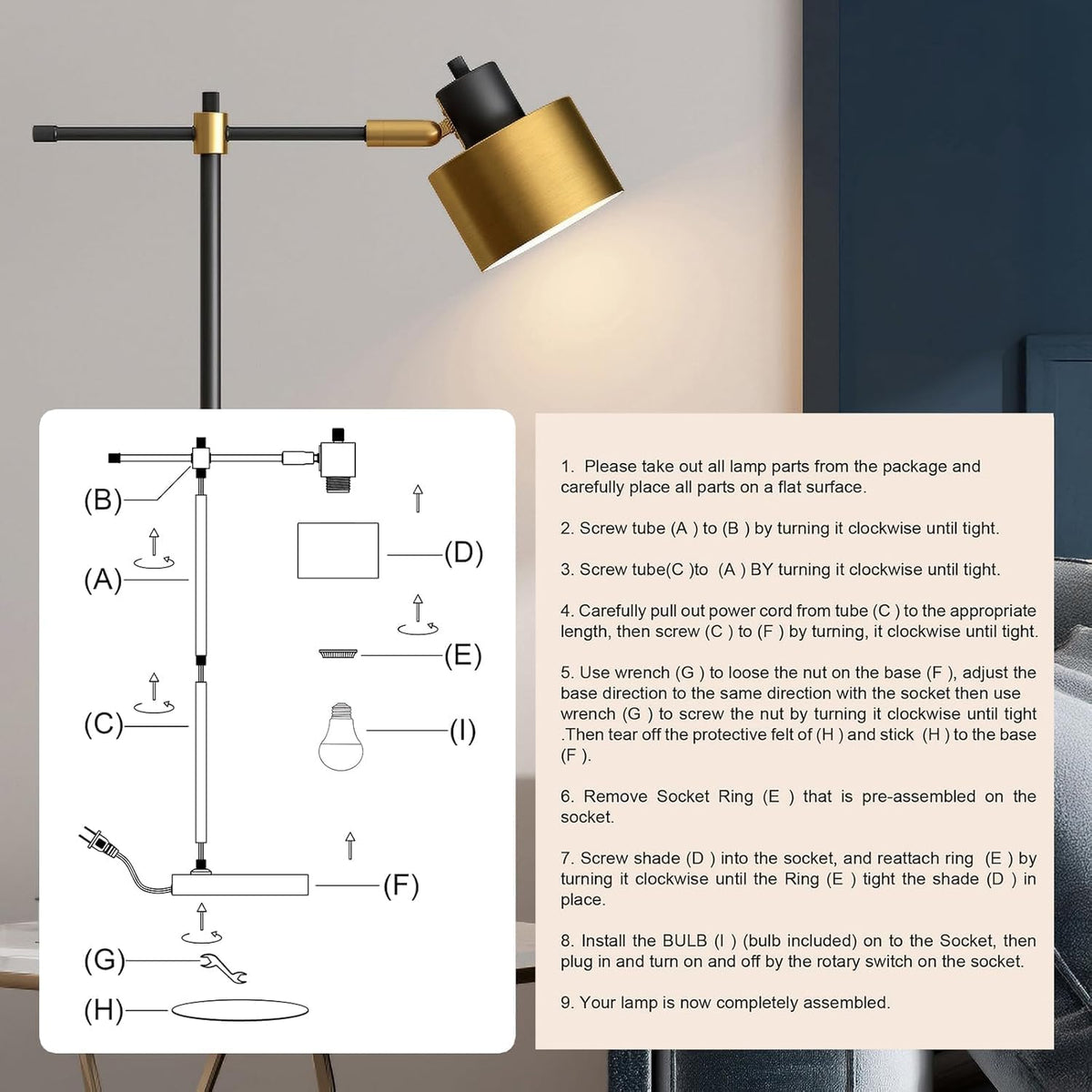 OYEARS 22.2" Modern Desk Lamp, Metal Table Lamp with LED Bulb, Adjustabl...
