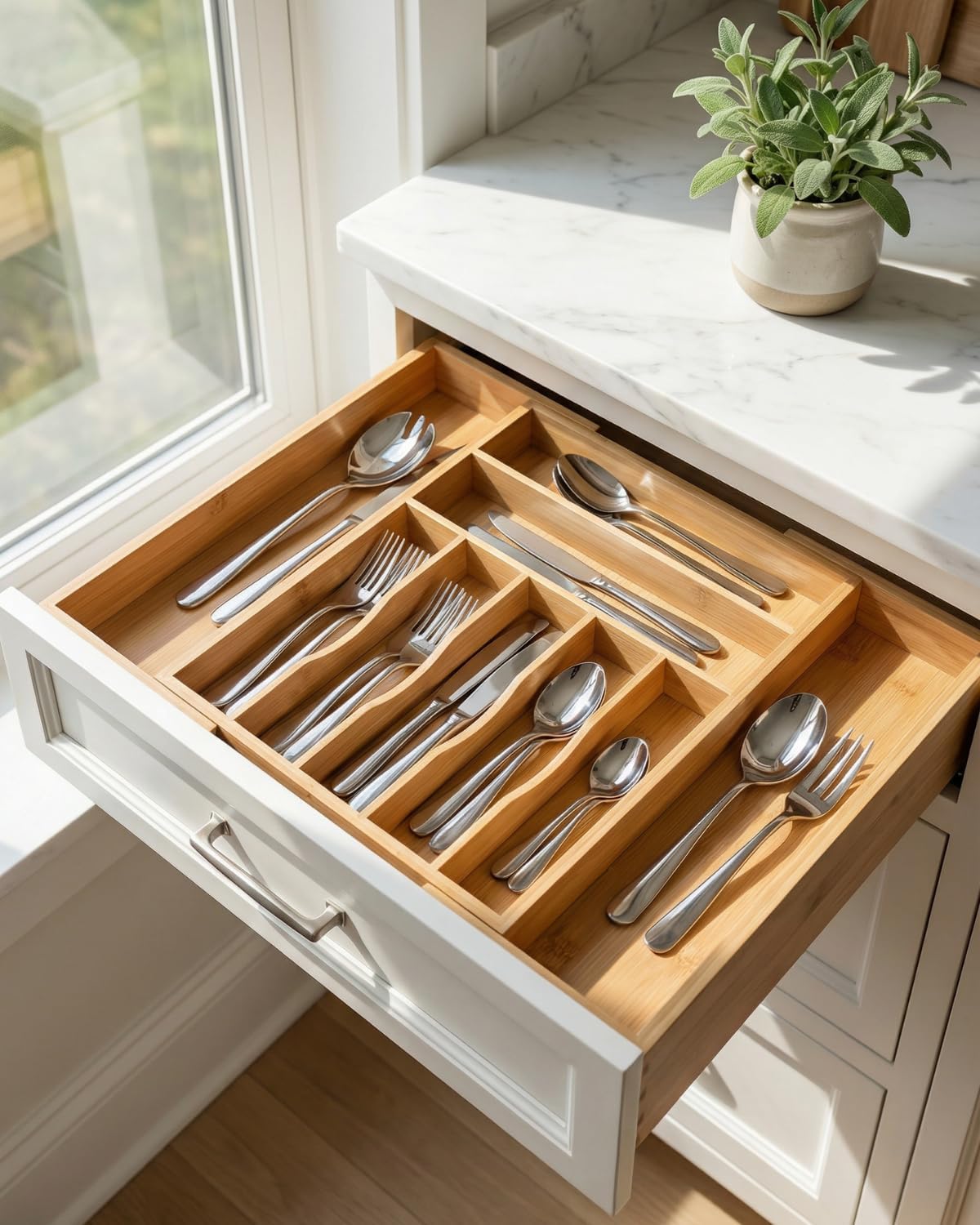 Expandable Bamboo Silverware Drawer Organizer – Adjustable 21" Wide Wood...