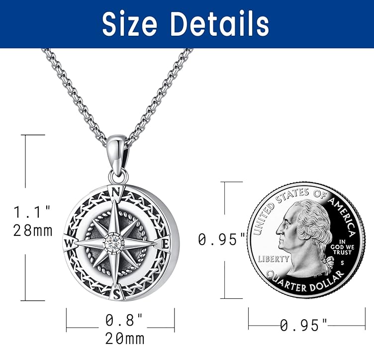 Compass Necklace for Women Men 925 Sterling Silver Pendant Urn Necklaces for - Image 2