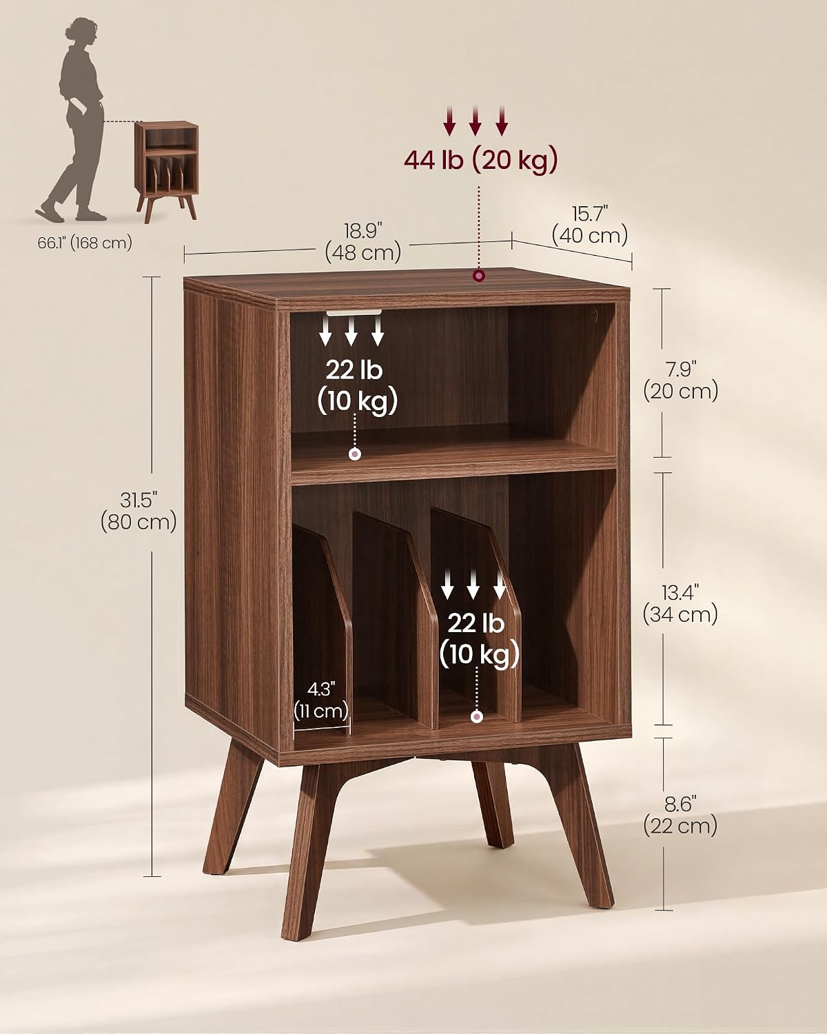 VASAGLE End Table, Mid-Century Record Player Stand, Holds 160 Albums