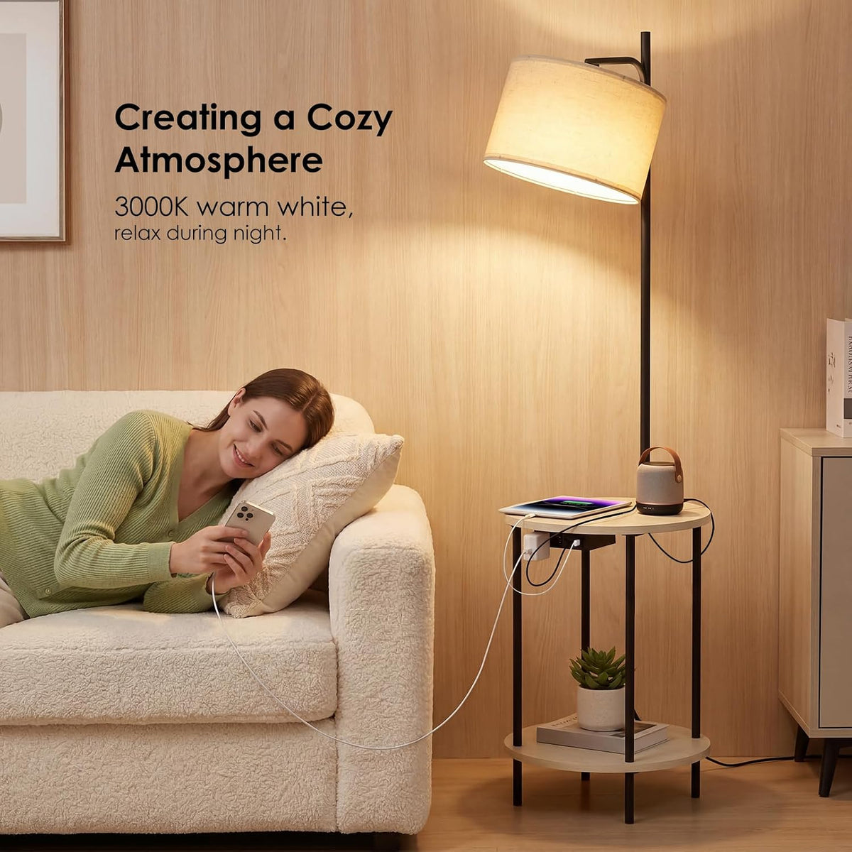 ONEWISH Floor Lamp with Table, USB/Type-C/AC Charging Ports, 9W LED Bulb, Rou...