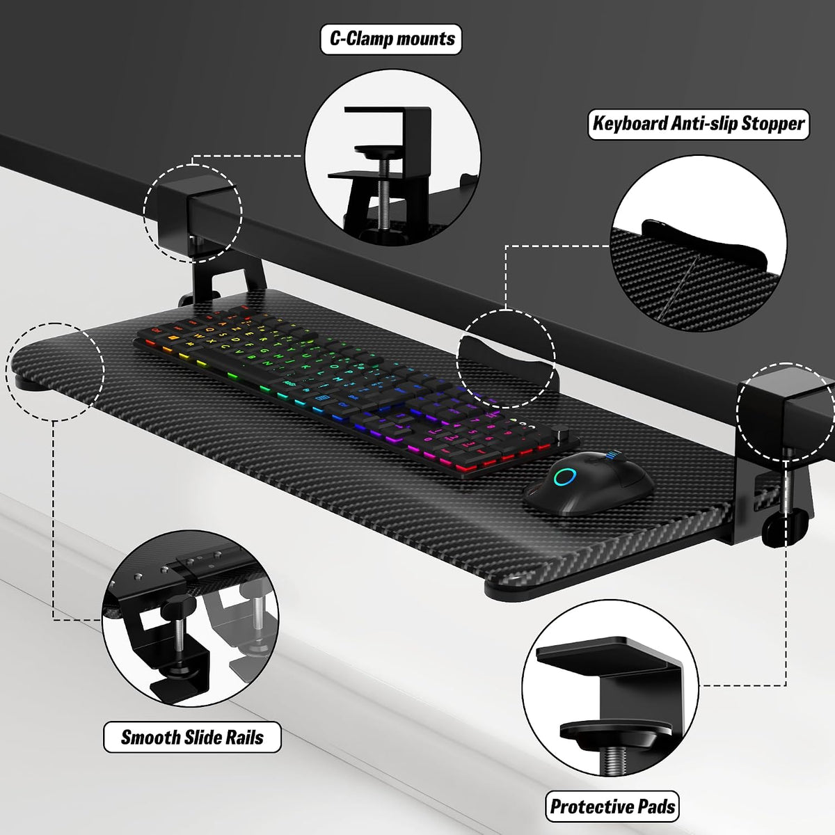 Under Desk Keyboard Tray, Slide-Out Keyboard Drawer with C-Clamp 25.6"x1...