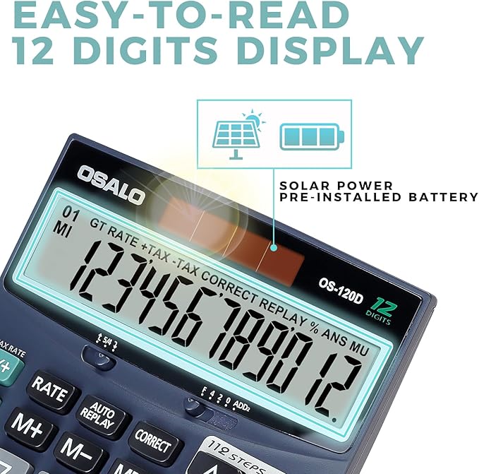 OSALO 12 Digits Desktop Calculator Extra Large LCD Display - Image 2