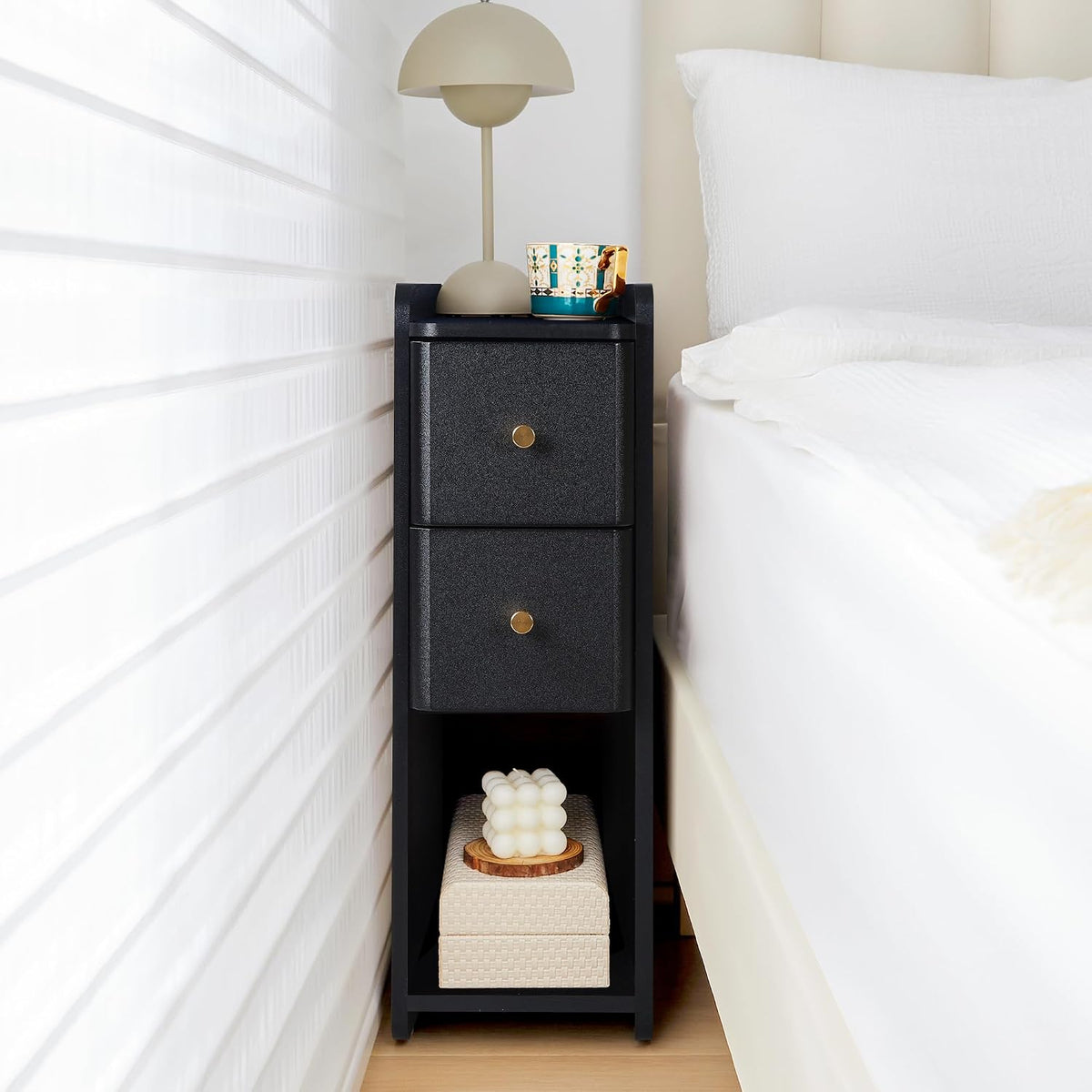 FurSch Narrow Nightstand, Wooden 2 Drawer, Slim Side End Table, Black, 1 pc