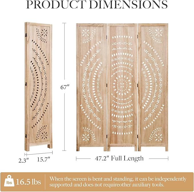 66.9Inch Folding Room Divider, 3 Panels Wood Carved Privacy Screens, Free - Image 5
