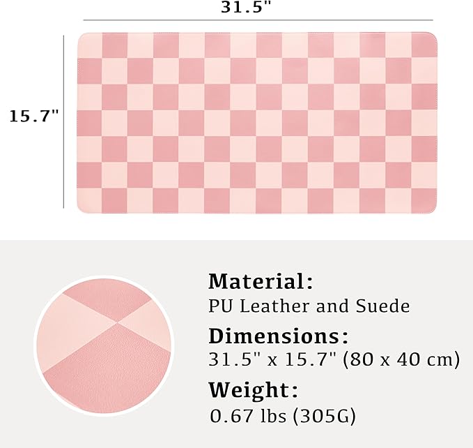 Ohocut Checkered Desk Mat, 31.5" x 15.7" Large Cute Coral Pink Aesthetic Retro - Image 3