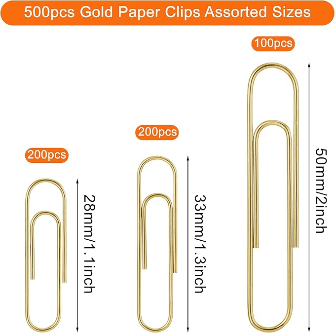 NEEWAY 500pcs Gold Paper Clips Assorted Sizes Small, Medium and Large Paperclips - Image 2