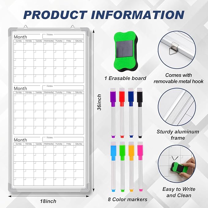 Lincia 36" x 18" Double Sides Dry Erase Calendar - Image 2
