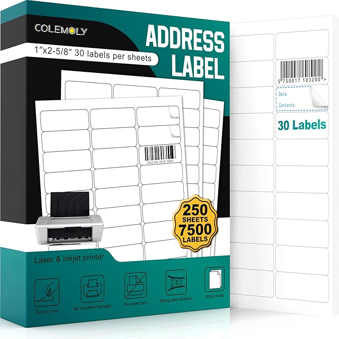 Address Labels 1’’x2-5/8’’ Stikcer Paper 30-UP 250 Sheets by Colemoly