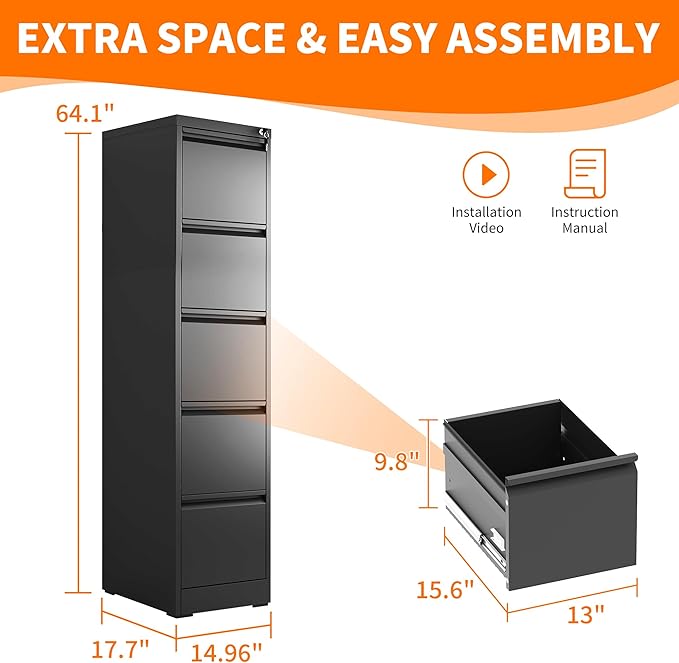 OPTYMIRA 5 Drawer Metal File Cabinet Heavy Duty Locking File Cabinets Home - Image 3
