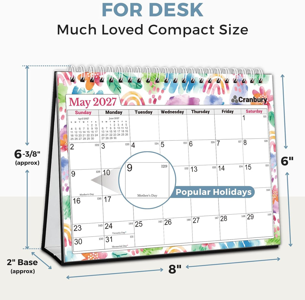 CRANBURY 2026-2027 Small Desk Calendar 8x6, Standing Flip Calendar | Compact 8x6 desktop calendar features monthly layouts with large writing blocks for schedules and reminders.