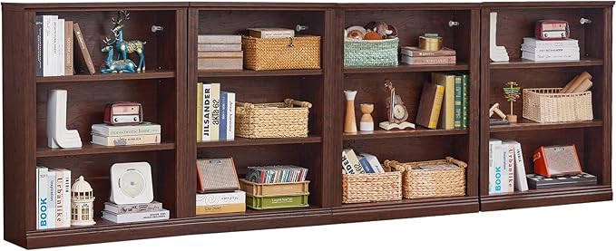RWYHG 43" Walnut Tall Bookshelf Set of 4, 3-Tier Thick Wooden Book Shelf by RWYHG