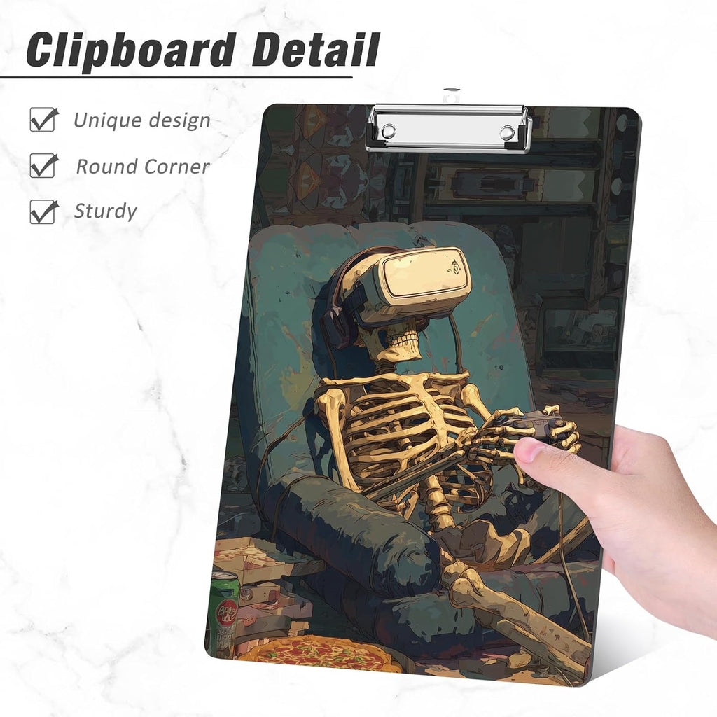 Rimilak Wood Clipboard, 8.5x11 Hardboard Clip Board, Game Skeleton | Fun Design, Cute Custom Pattern, 9 x 12.5 in Letter Size for Classroom, Teachers, Kid, Woman, School & Office Supply