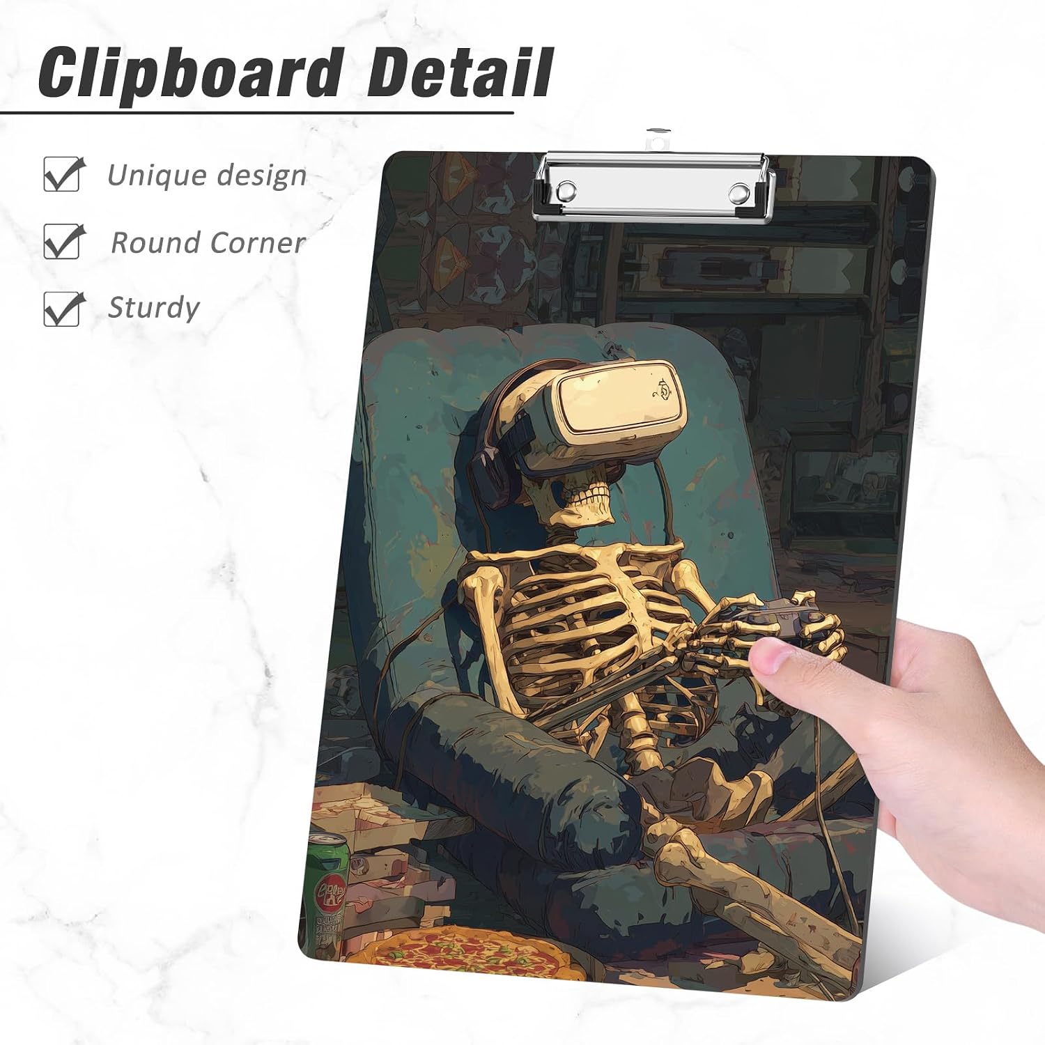 Rimilak Wood Clipboard, 8.5x11 Hardboard Clip Board, Game Skeleton | Fun Design, Cute Custom Pattern, 9 x 12.5 in Letter Size for Classroom, Teachers, Kid, Woman, School & Office Supply