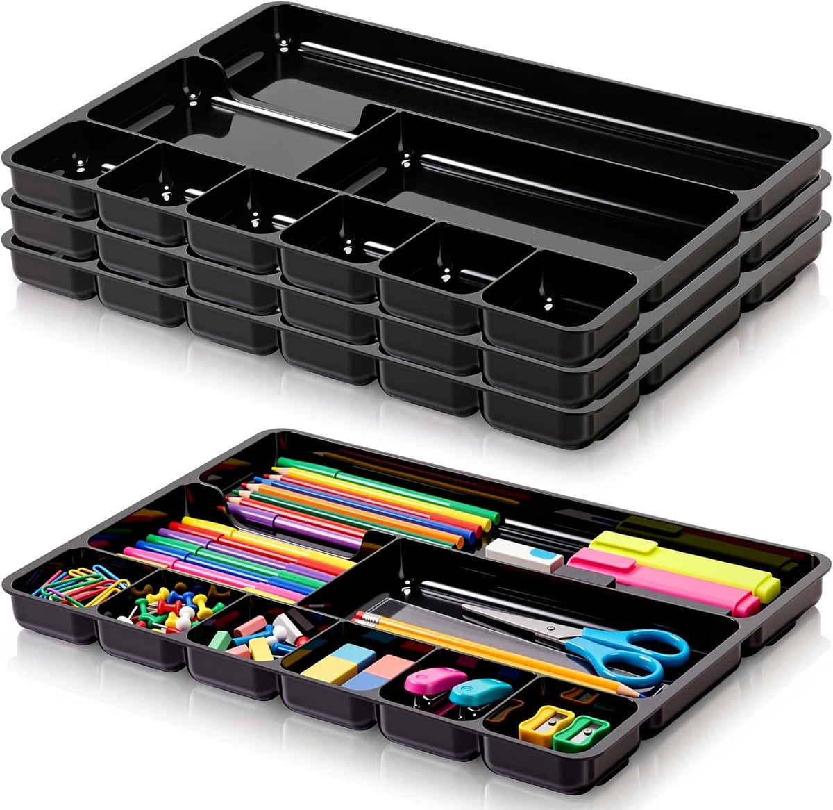 Junkin 4 Pcs Desk Drawer Organizer Tray 14" x 9" x 1",Black