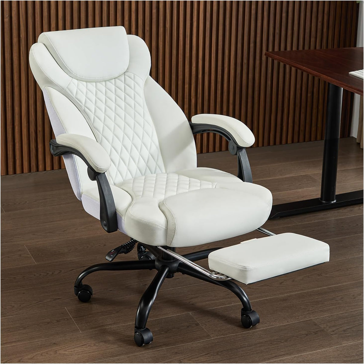 amseatec Big and Tall Office Chair with Footrest, Lumbar Support, White