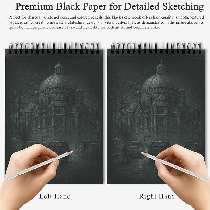 Fuxi Black Paper Sketchbook 9x12, 60 Sheets（90lb/150gsm） Hardcover Spiral Bound - Image 5