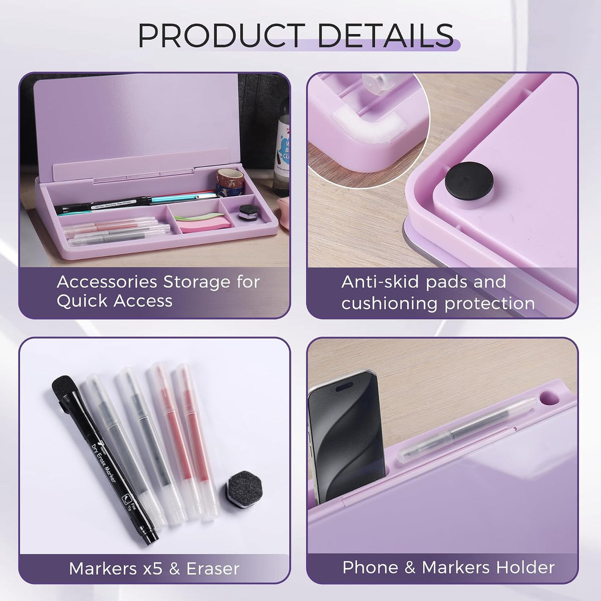 TOWON Compact Glass Desktop Whiteboard with Storage 12x7 in, Lavender