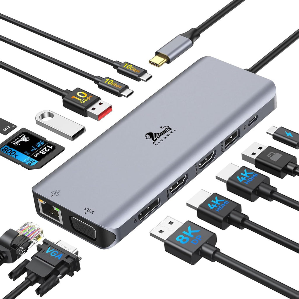 Laptop Docking Station 4 Monitors, Dual HDMI+8K DP+VGA, 100W PD, 6 USB C/A Ports